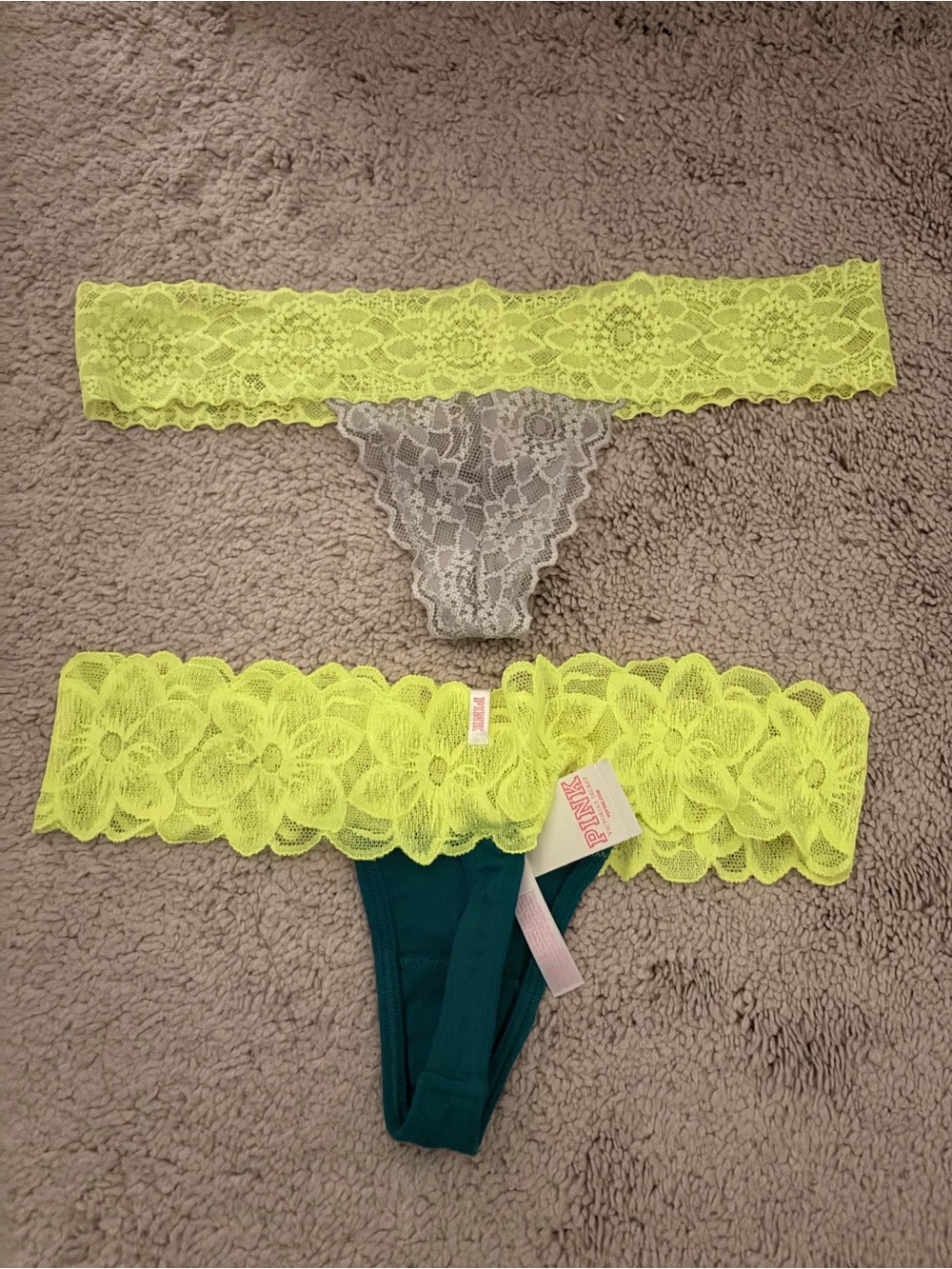 PINK Victoria's Secret Neon Yellow Lace & Teal Thong Panties Set